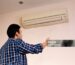 Dirty AC filter causing restricted airflow Old air filter showing heavy dirt accumulatio HVAC technician repairing air conditioner damaged by dirty filter